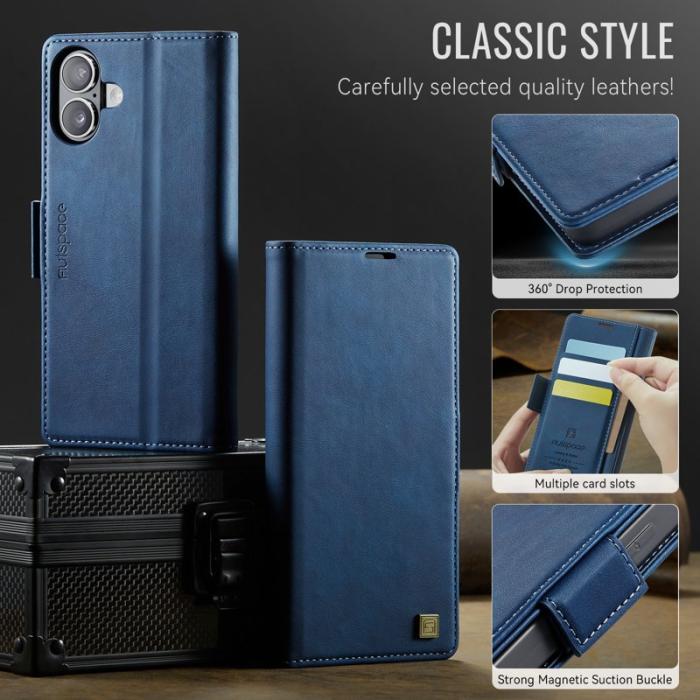 AUTSPACE - AUTSPACE iPhone 16 Fodral Retro Läder - RFID Blocking - Blå