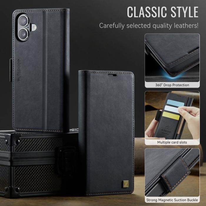 AUTSPACE - AUTSPACE iPhone 16 Fodral Retro Läder - RFID Blocking - Svart