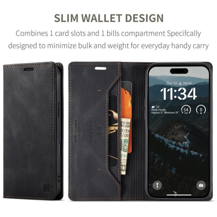 AUTSPACE - AUTSPACE iPhone 16 Plus Wallet Fodral Äkta läder - Svart