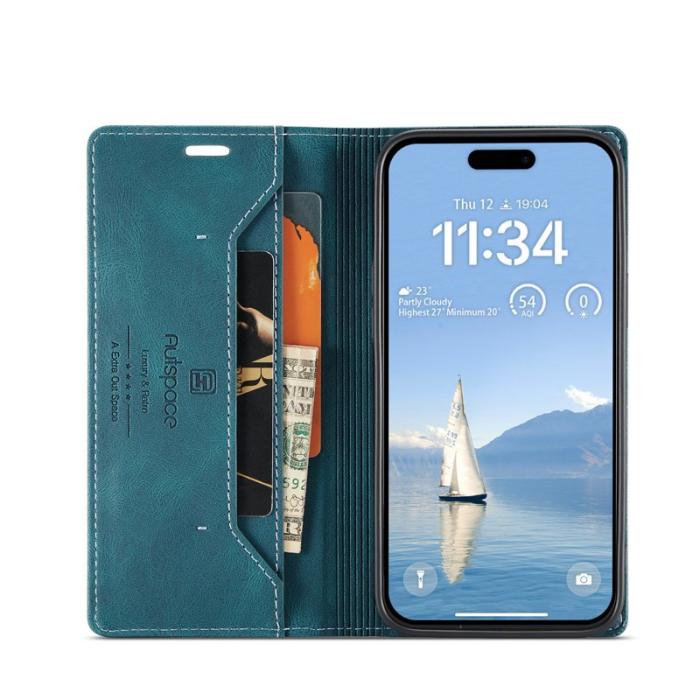 AUTSPACE - AUTSPACE iPhone 16 Pro Max Wallet Fodral Äkta läder - Blå