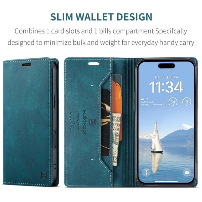 AUTSPACE - AUTSPACE iPhone 16 Pro Max Wallet Fodral Äkta läder - Blå