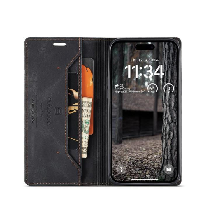 AUTSPACE - AUTSPACE iPhone 16 Pro Max Wallet Fodral Äkta läder - Svart