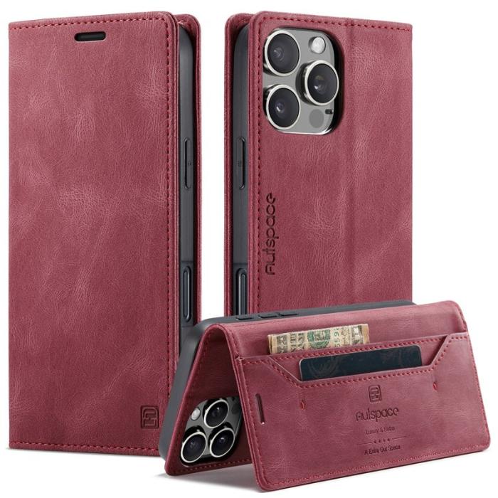 AUTSPACE - AUTSPACE iPhone 16 Pro Wallet Fodral Äkta läder - Röd