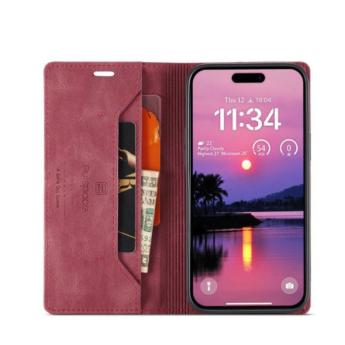 AUTSPACE - AUTSPACE iPhone 16 Pro Wallet Fodral Äkta läder - Röd