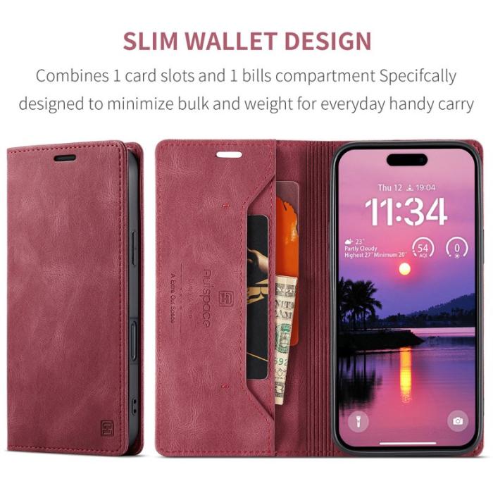 AUTSPACE - AUTSPACE iPhone 16 Pro Wallet Fodral Äkta läder - Röd