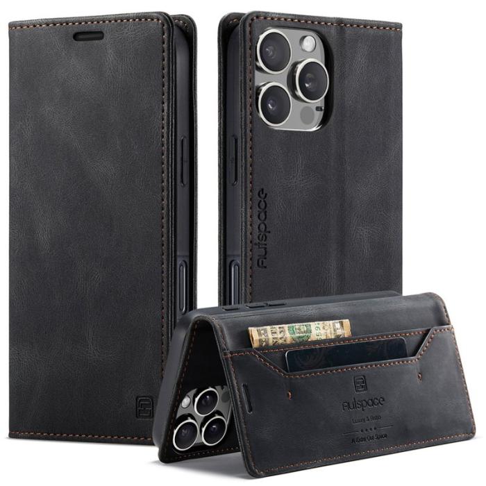 AUTSPACE - AUTSPACE iPhone 16 Pro Wallet Fodral Äkta läder - Svart