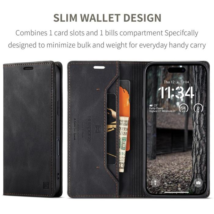 AUTSPACE - AUTSPACE iPhone 16 Pro Wallet Fodral Äkta läder - Svart