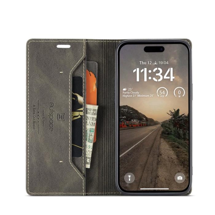 AUTSPACE - AUTSPACE iPhone 16 Wallet Fodral Äkta läder - Kaffe