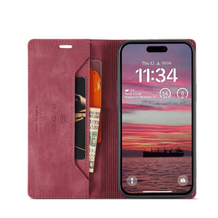 AUTSPACE - AUTSPACE iPhone 16 Wallet Fodral Äkta läder - Röd