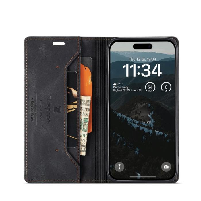 AUTSPACE - AUTSPACE iPhone 16 Wallet Fodral Äkta läder - Svart