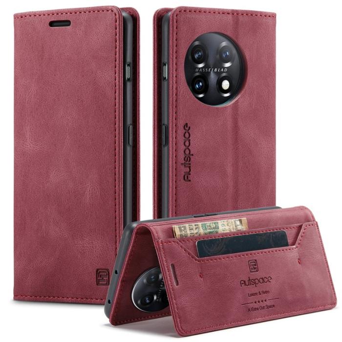 AUTSPACE - AUTSPACE OnePlus 11 5G Wallet Fodral Äkta läder - Röd