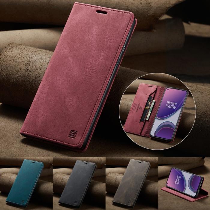 AUTSPACE - AUTSPACE OnePlus 8T Wallet Fodral Äkta läder - Röd