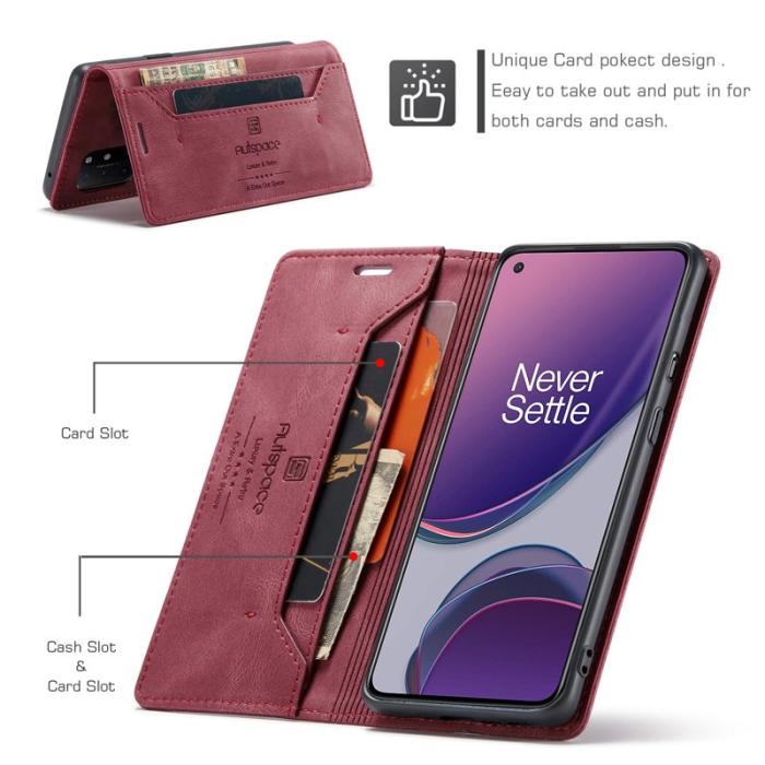 AUTSPACE - AUTSPACE OnePlus 8T Wallet Fodral Äkta läder - Röd