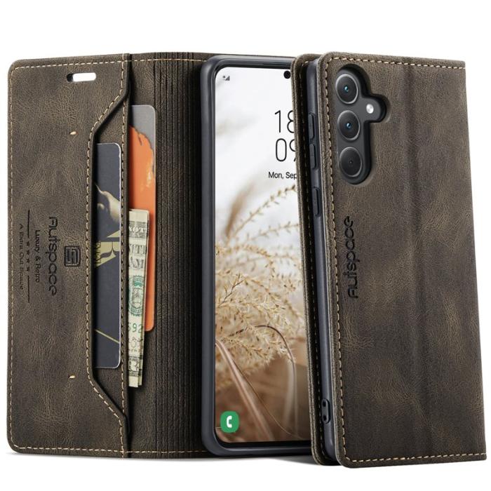 AUTSPACE - AUTSPACE Wallet Fodral för Samsung Galaxy A35 5G - Äkta läder - Kaffe