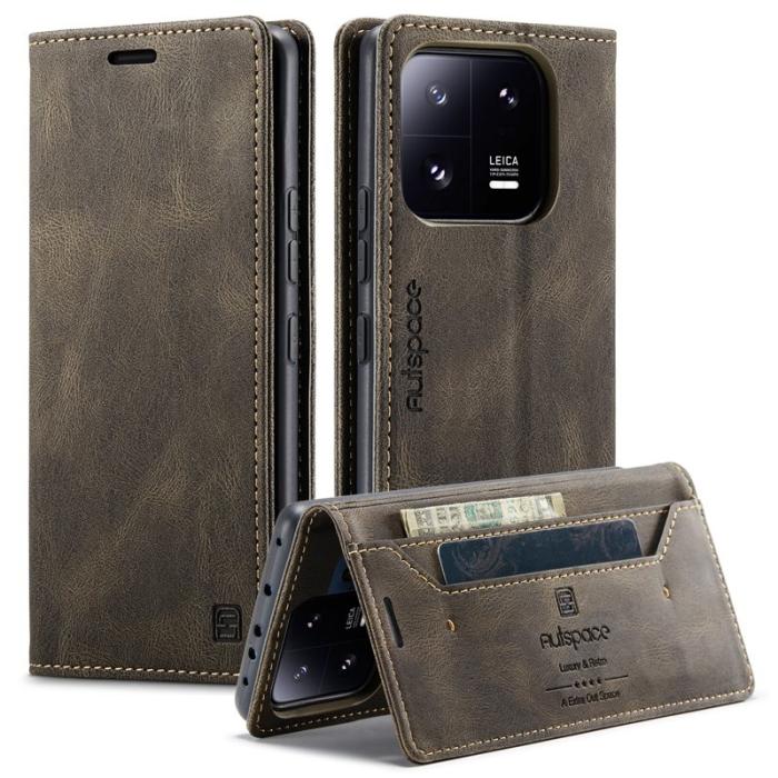 AUTSPACE - AUTSPACE Xiaomi 13 Pro 5G Wallet Fodral Äkta läder - Kaffe