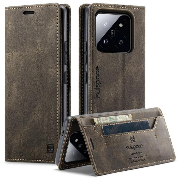 AUTSPACE - AUTSPACE Xiaomi 14 Pro Wallet Fodral Äkta läder - Kaffe