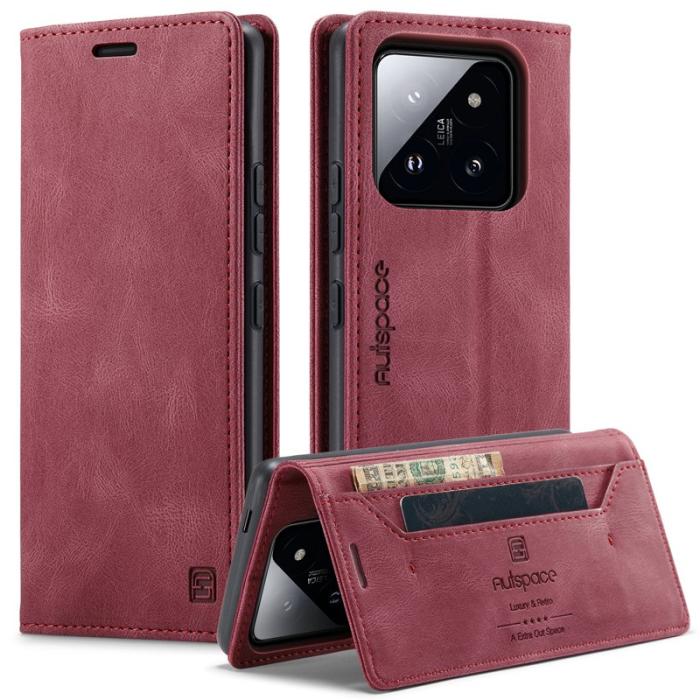 AUTSPACE - AUTSPACE Xiaomi 14 Pro Wallet Fodral Äkta läder - Röd