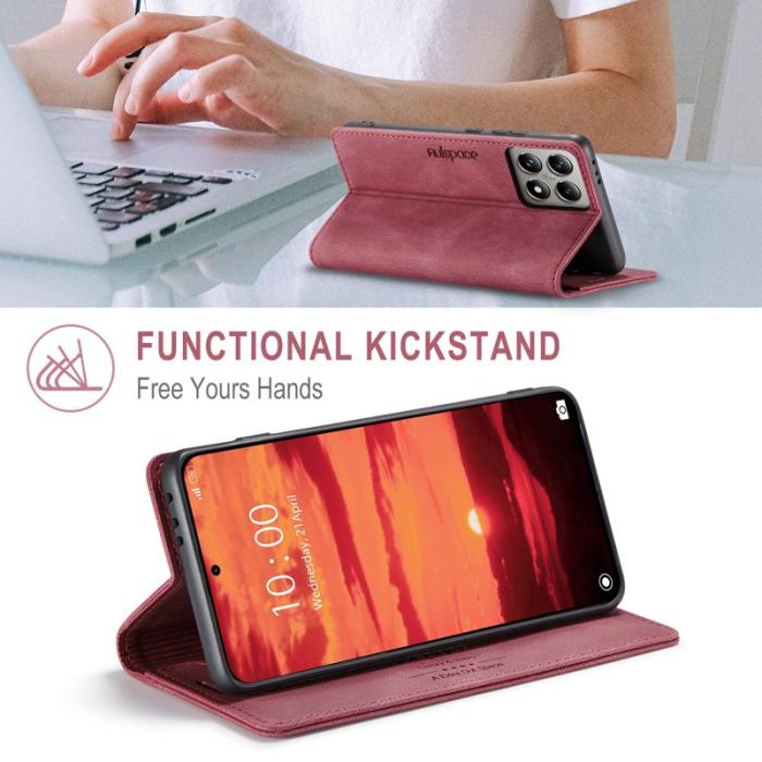AUTSPACE - AUTSPACE Xiaomi 14T Wallet Fodral Äkta läder - Röd