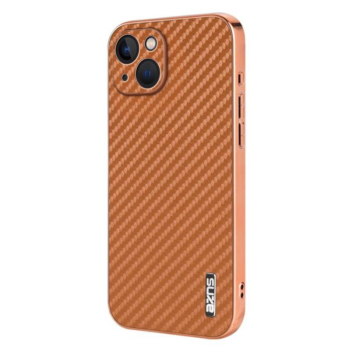 AZNS - AZNS iPhone 13 Fodral Electroplating Carbon Fiber PU+TPU - Brun