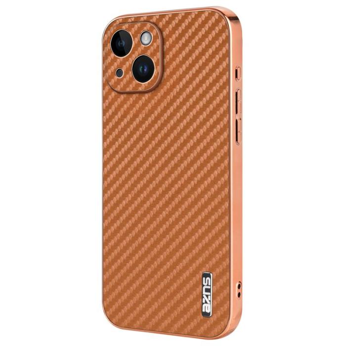 AZNS - AZNS iPhone 14 Fodral Electroplating Carbon Fiber PU+TPU - Brun