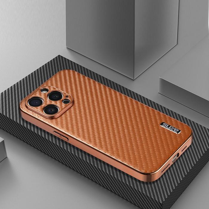 AZNS - AZNS iPhone 14 Pro Fodral Electroplating Carbon Fiber PU+TPU - Brun