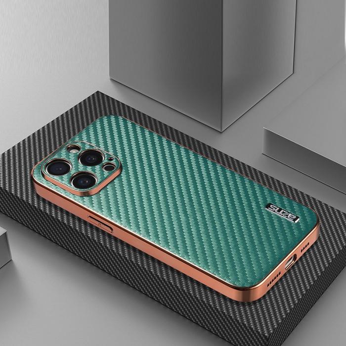 AZNS - AZNS iPhone 14 Pro Fodral Electroplating Carbon Fiber PU+TPU - Grön