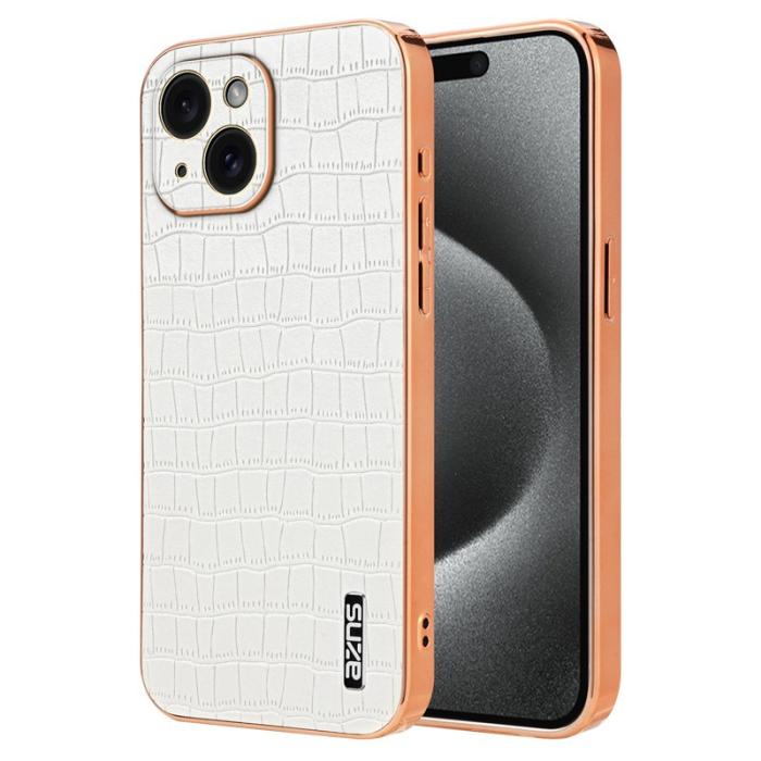 AZNS - AZNS iPhone 15 Fodral Crocodile Textur Drop-säker Läder - Vit