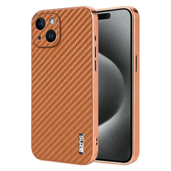 AZNS - AZNS iPhone 15 Fodral Electroplating Carbon Fiber PU+TPU - Brun