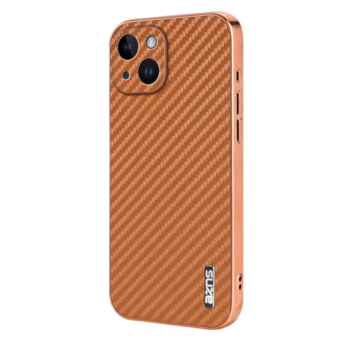 AZNS - AZNS iPhone 15 Fodral Electroplating Carbon Fiber PU+TPU - Brun