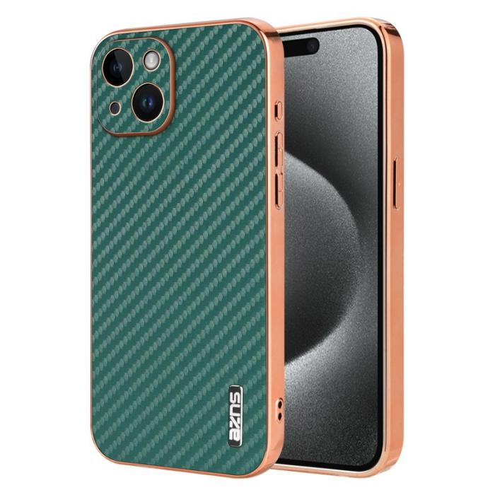 AZNS - AZNS iPhone 15 Fodral Electroplating Carbon Fiber PU+TPU - Grön