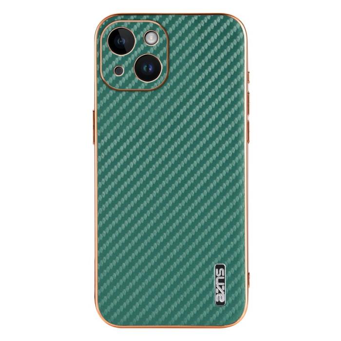 AZNS - AZNS iPhone 15 Fodral Electroplating Carbon Fiber PU+TPU - Grön