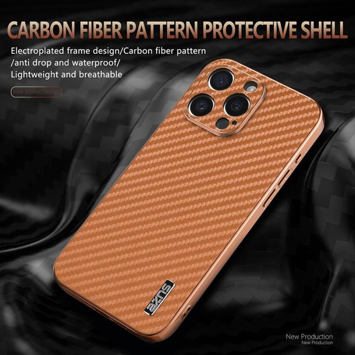 AZNS - AZNS iPhone 15 Pro Fodral Electroplating Carbon Fiber PU+TPU - Brun