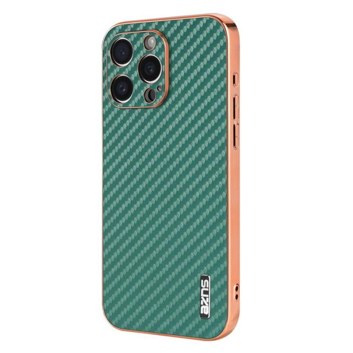 AZNS - AZNS iPhone 15 Pro Fodral Electroplating Carbon Fiber PU+TPU - Grön