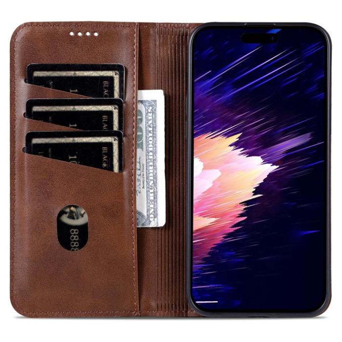 AZNS - AZNS iPhone 16 Fodral Äkta läder Plånboksfodral - Kaffe