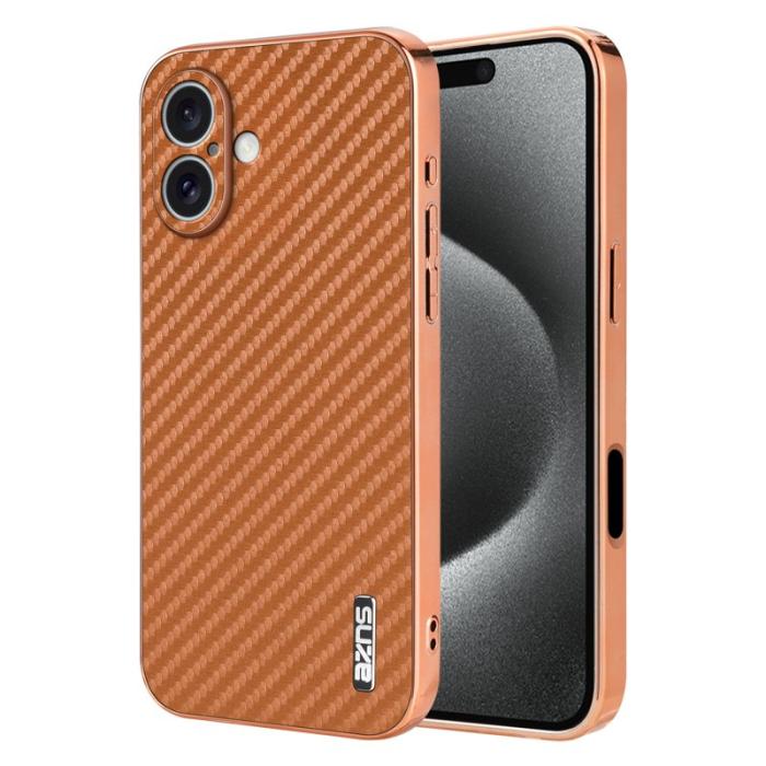 AZNS - AZNS iPhone 16 Fodral Electroplating Carbon Fiber PU+TPU - Brun