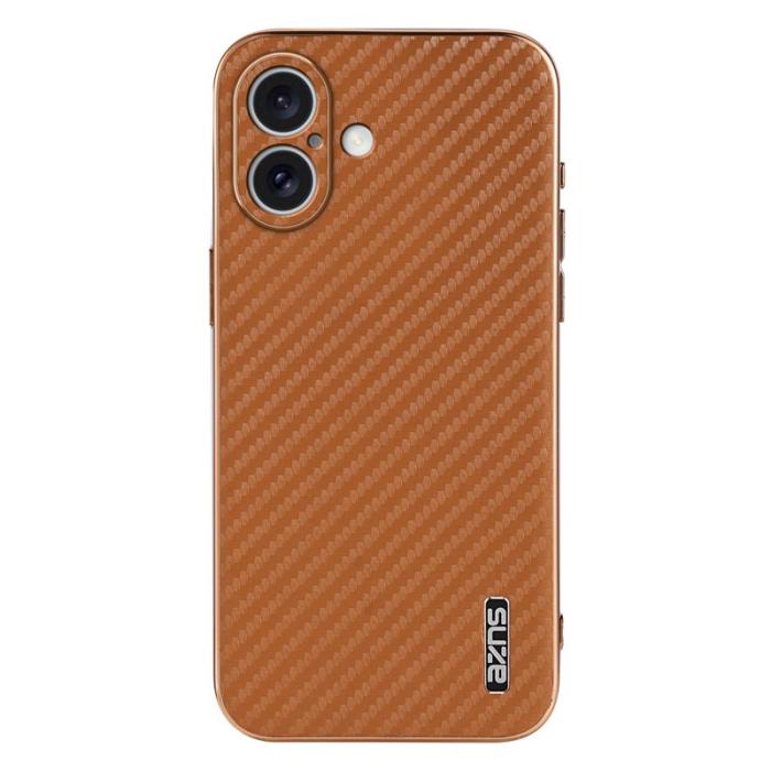 AZNS - AZNS iPhone 16 Fodral Electroplating Carbon Fiber PU+TPU - Brun