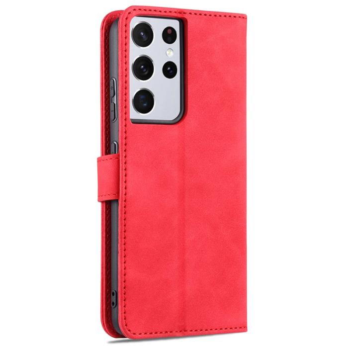 AZNS - AZNS Wallet Design Fodral PU Läder för Samsung Galaxy S21 Ultra - Röd