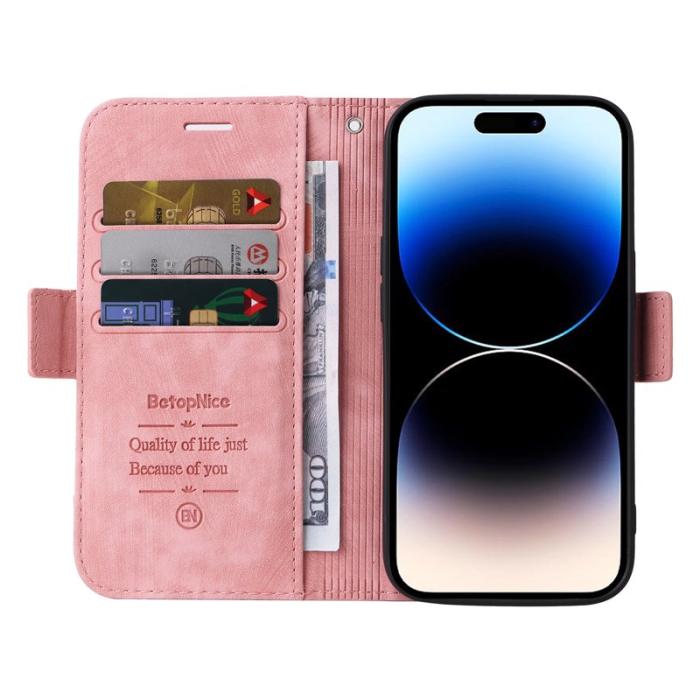 BETOPNICE - BETOPNICE 001 iPhone 15 Pro Fodral Multifunktionellt PU Läder - Pink