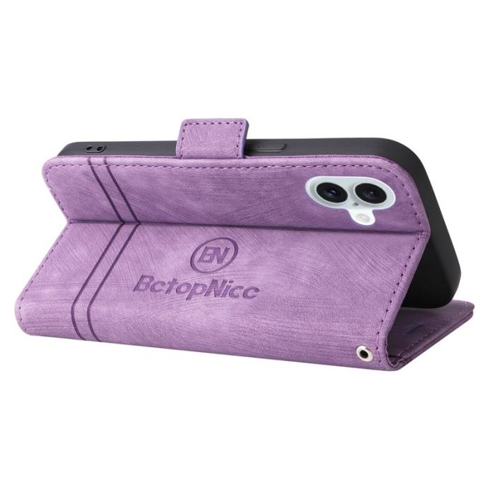 BETOPNICE - BETOPNICE 001 iPhone 16 Plus Fodral Ställ Card Slots Äkta läder - Lila