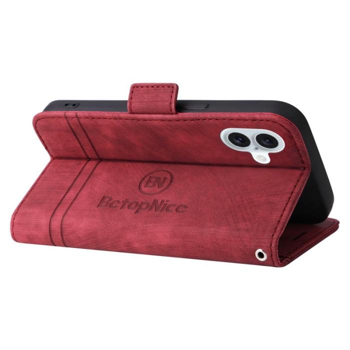 BETOPNICE - BETOPNICE 001 iPhone 16 Plus Fodral Ställ Card Slots Äkta läder - Röd