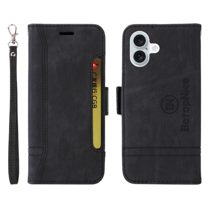 BETOPNICE - BETOPNICE 001 iPhone 16 Plus Fodral Ställ Card Slots Äkta läder - Svart