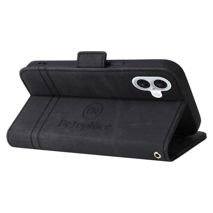 BETOPNICE - BETOPNICE 001 iPhone 16 Plus Fodral Ställ Card Slots Äkta läder - Svart