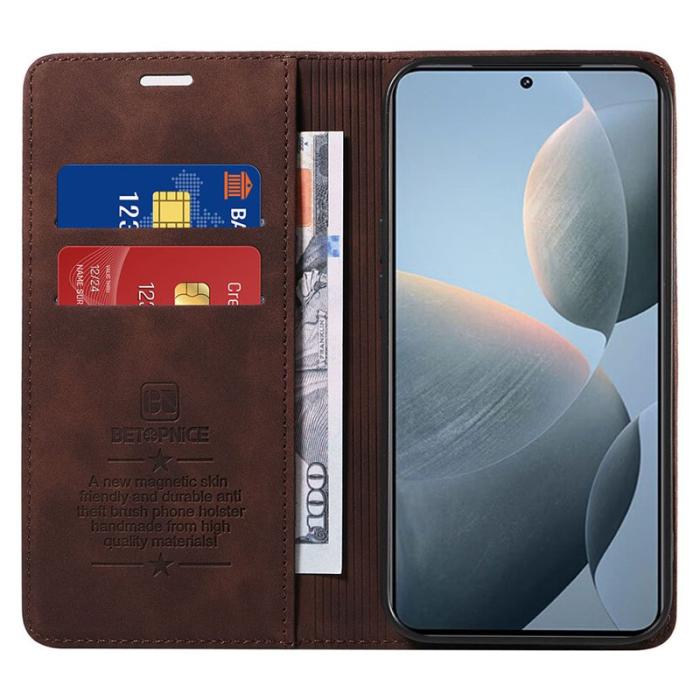 BETOPNICE - BETOPNICE 003 för Xiaomi 14T Wallet Fodral Äkta läder - Brun