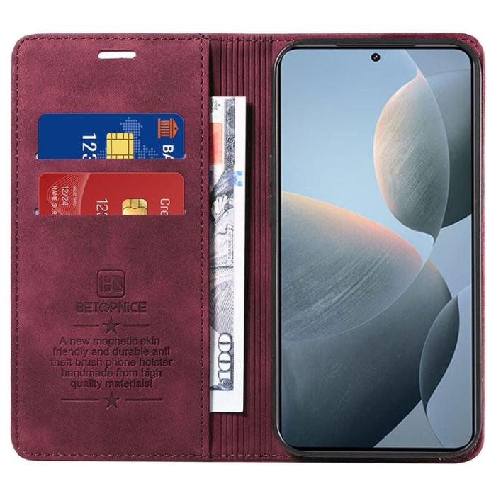 BETOPNICE - BETOPNICE 003 för Xiaomi 14T Wallet Fodral Äkta läder - Röd
