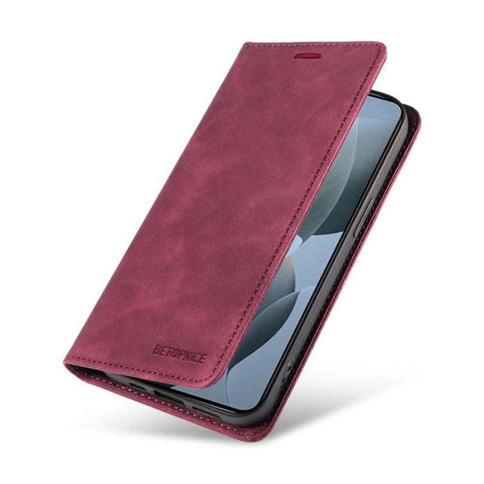 BETOPNICE - BETOPNICE 003 för Xiaomi 14T Wallet Fodral Äkta läder - Röd