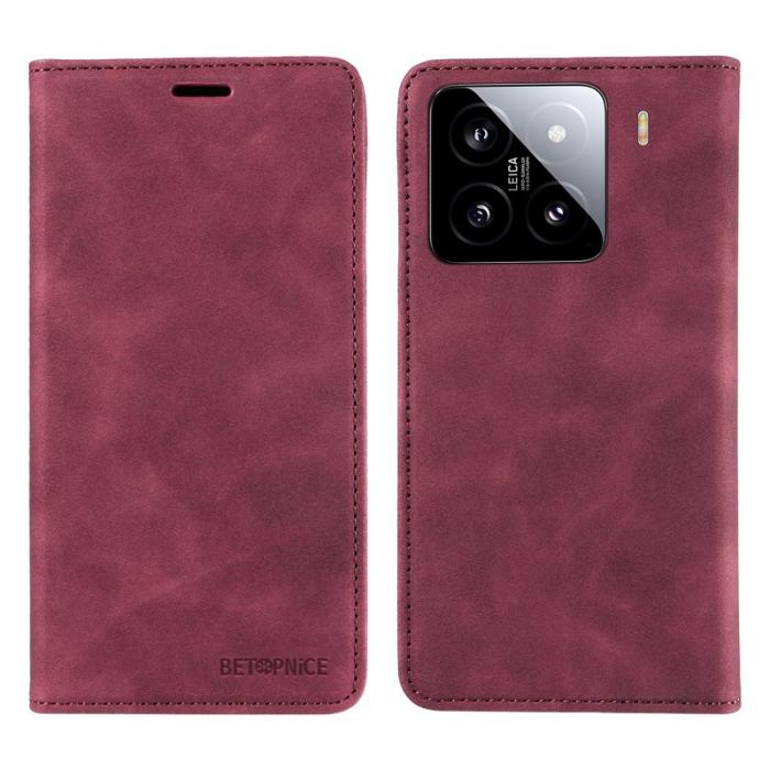 BETOPNICE - BETOPNICE 003 för Xiaomi 15 Wallet Fodral Äkta läder - Röd