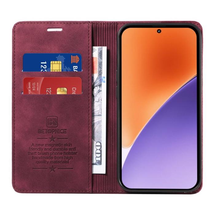 BETOPNICE - BETOPNICE 003 för Xiaomi 15 Wallet Fodral Äkta läder - Röd