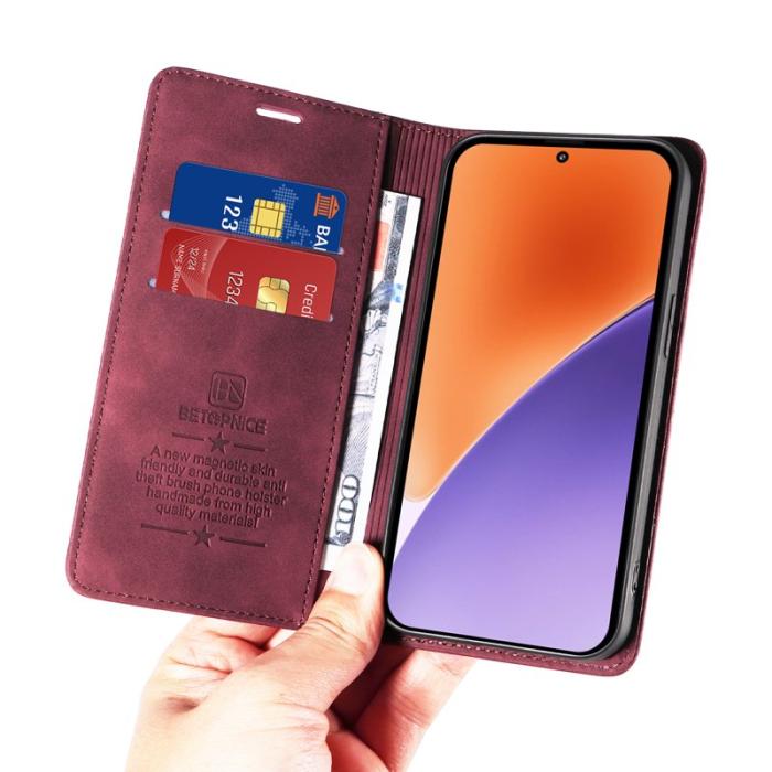 BETOPNICE - BETOPNICE 003 för Xiaomi 15 Wallet Fodral Äkta läder - Röd