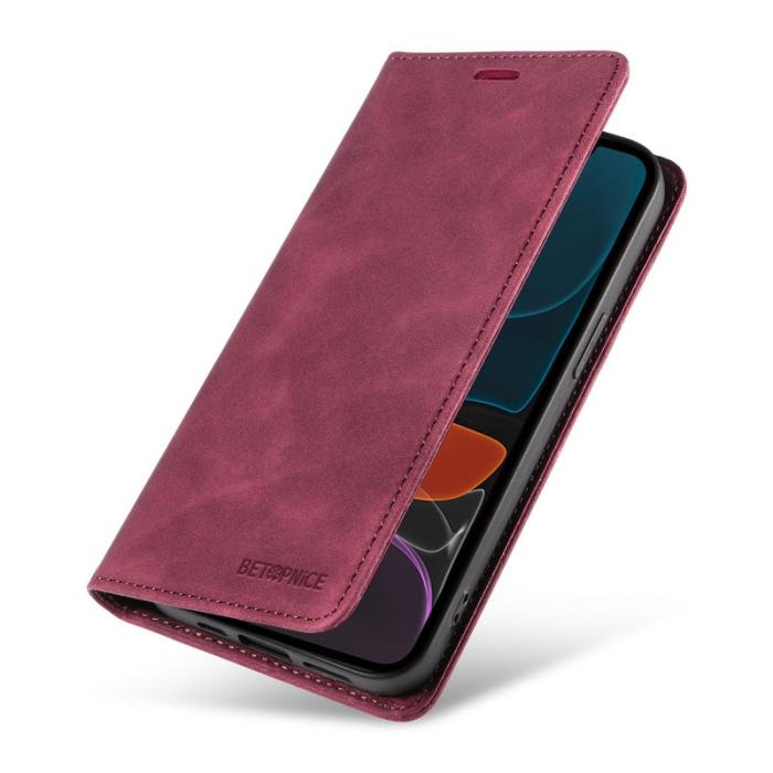 BETOPNICE - BETOPNICE 003 iPhone 12 / 12 Pro Plånboksfodral Konstläder - Röd