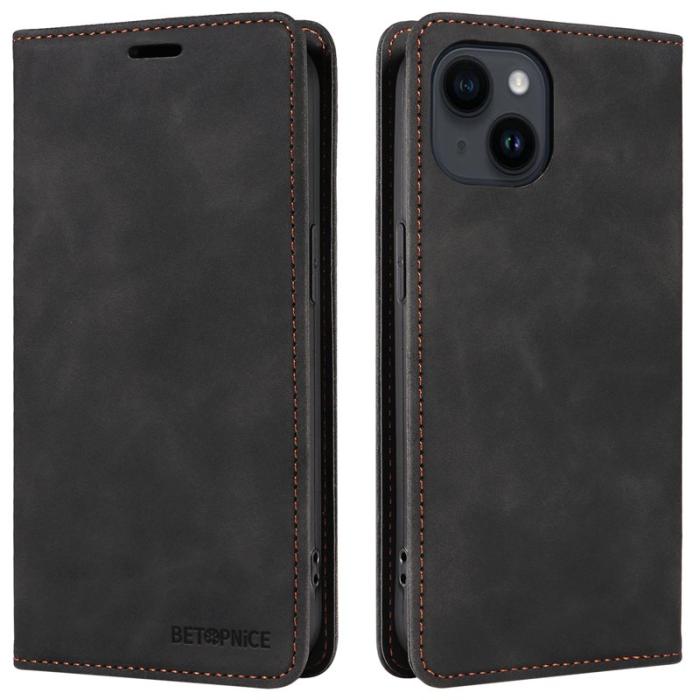 BETOPNICE - BETOPNICE 003 iPhone 15 Fodral Äkta läder - Svart